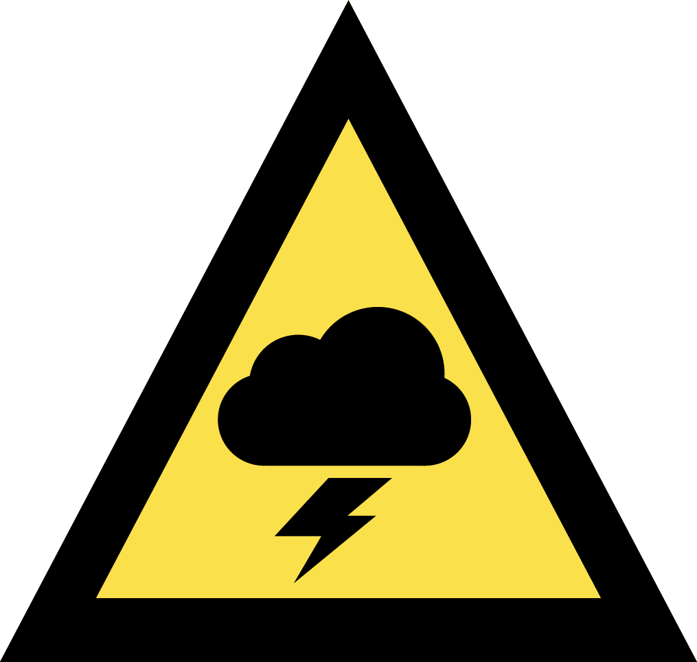 The image depicts an Australian Warning System Hazard Icon. The Icon is in the shape of an equilateral triangle depicting a black border and a yellow background to reflect the 'Advice' warning level, within the triangle, in black, is a cloud with one lighting bolt coming out of the bottom to depict the hazard of severe weather.
