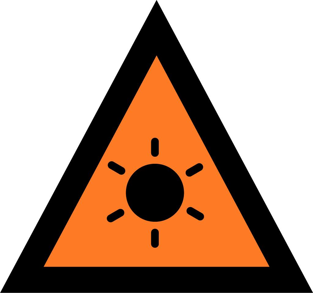 The image depicts an Australian Warning System Hazard Icon. The Icon is in the shape of an equilateral triangle depicting a black border and a orange background to reflect the 'Watch and Act' warning level, within the triangle, in black, is a circle with 6 lines extending out portraying a sun to depict the hazard of a extreme heat. 