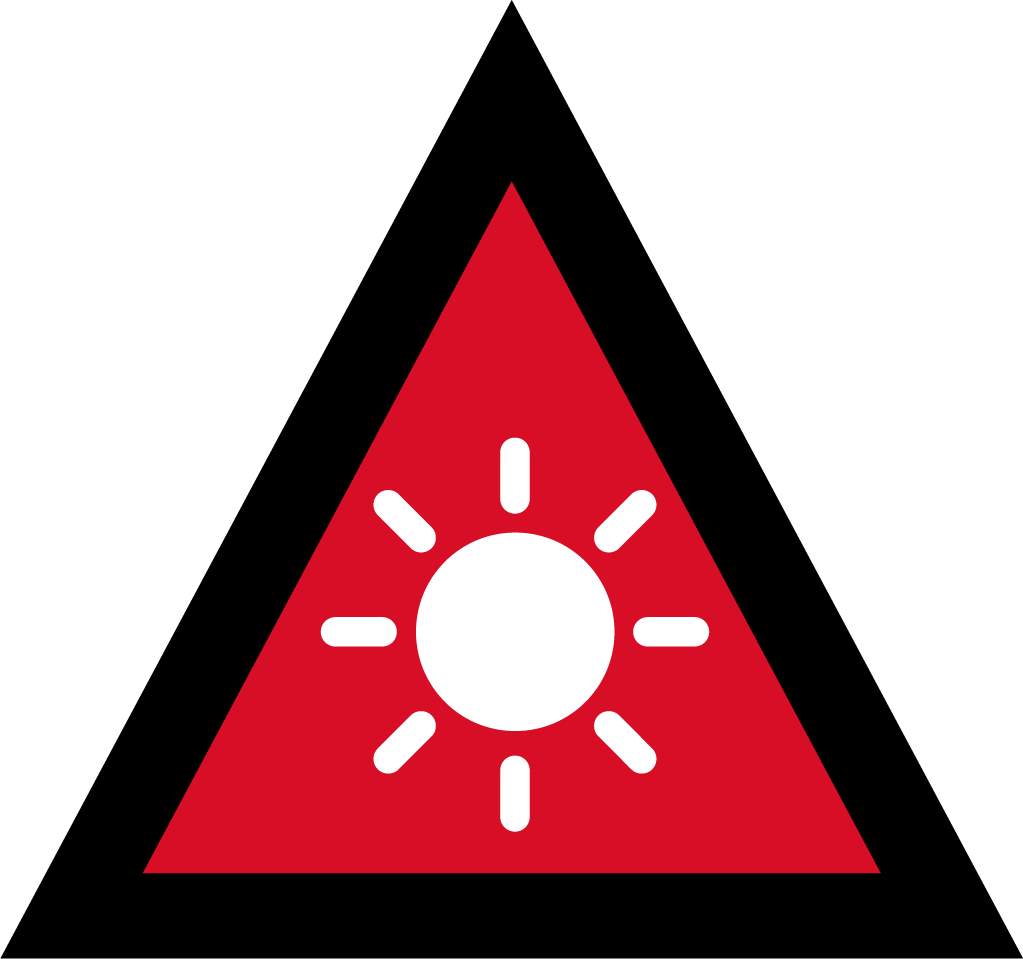The image depicts an Australian Warning System Hazard Icon. The Icon is in the shape of an equilateral triangle depicting a black border and a red background to reflect the 'Emergency Warning' warning level, within the triangle, in white, is a circle with 8 lines extending out portraying a sun to depict the hazard of extreme heat. 