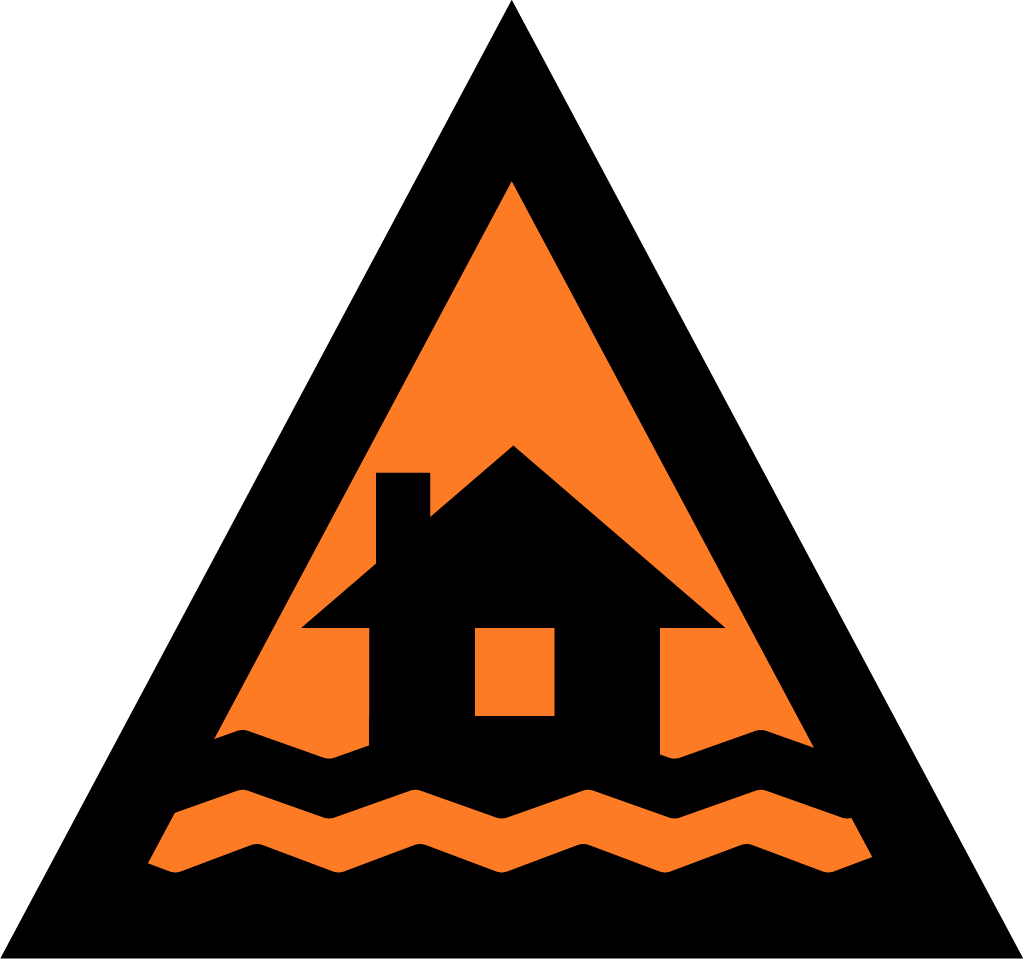 The image depicts an Australian Warning System Hazard Icon. The Icon is in the shape of an equilateral triangle depicting a black border and a orange background to reflect the 'Watch and Act' warning level, within the triangle, in black, is a house with waves to depict the hazard of flooding. 