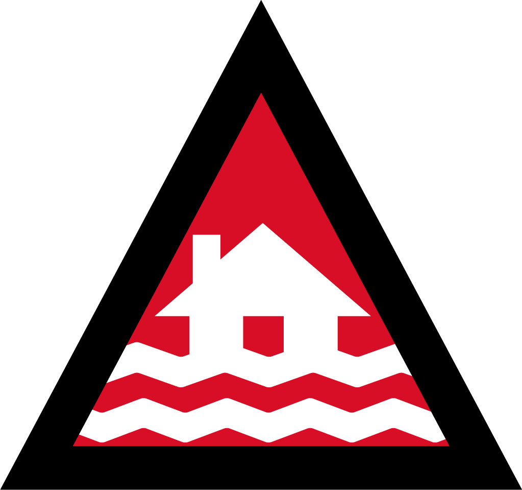 The image depicts an Australian Warning System Hazard Icon. The Icon is in the shape of an equilateral triangle depicting a black border and a red background to reflect the 'Emergency Warning' warning level, within the triangle, in white, is a house with two waves to depict the hazard of flooding. 