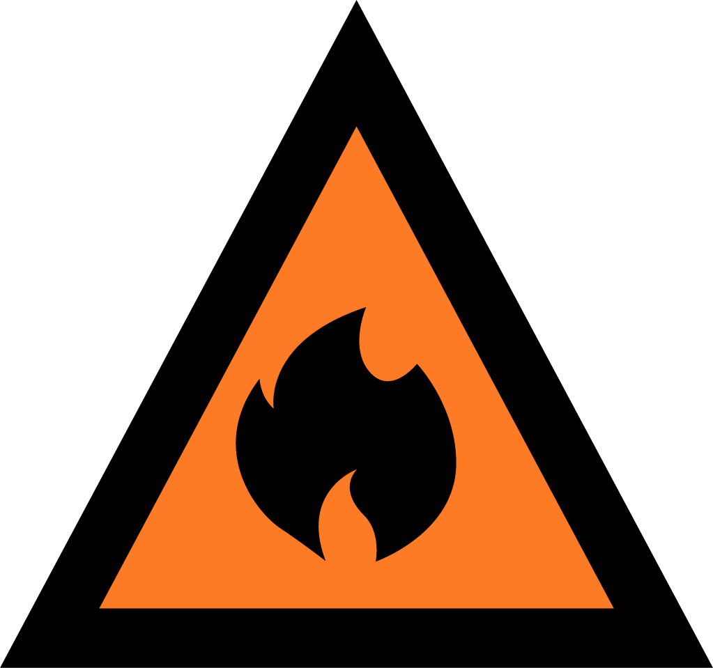 The image depicts an Australian Warning System Hazard Icon. The Icon is in the shape of an equilateral triangle depicting a black border and a orange background to reflect the 'Watch and Act' warning level, within the triangle, in black, is a flame to depict the hazard of a bushfire. 
