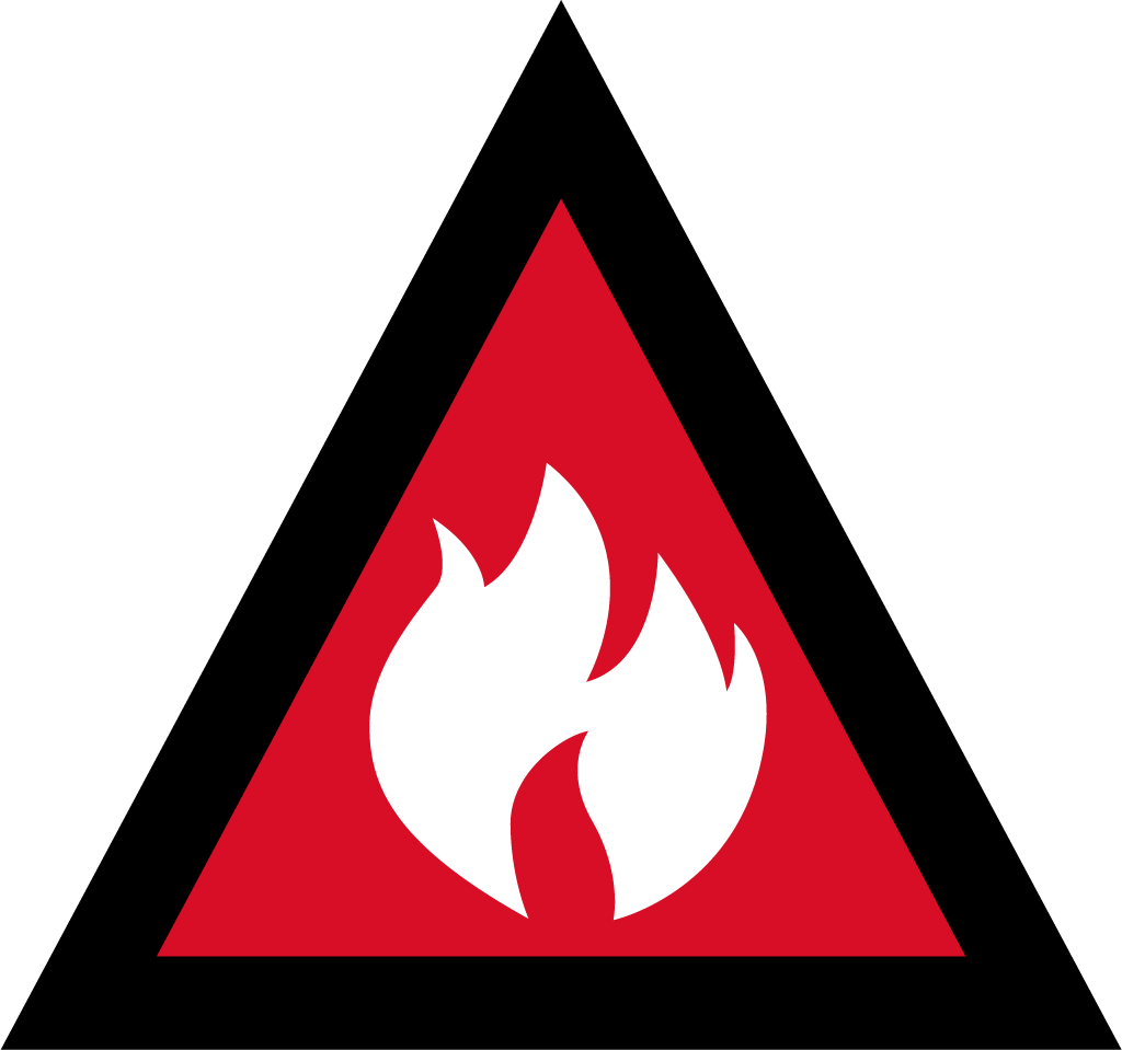 The image depicts an Australian Warning System Hazard Icon. The Icon is in the shape of an equilateral triangle depicting a black border and a red background to reflect the 'Emergency Warning' warning level, within the triangle, in white, is a large flame to depict the hazard of a bushfire. 