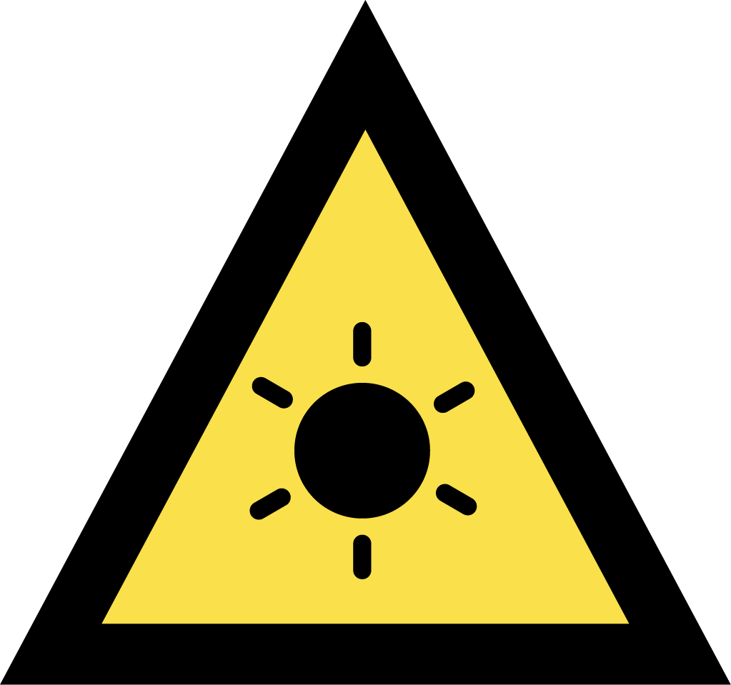 The image depicts an Australian Warning System Hazard Icon. The Icon is in the shape of an equilateral triangle depicting a black border and a yellow background to reflect the 'Advice' warning level, within the triangle, in black, is a circle with 6 lines extending out portraying a sun to depict the hazard of extreme heat. 