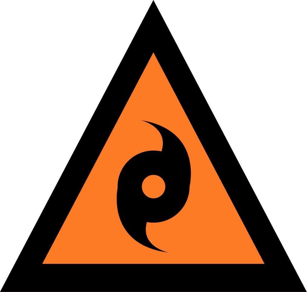 The image depicts an Australian Warning System Hazard Icon. The Icon is in the shape of an equilateral triangle depicting a black border and a orange background to reflect the 'Watch and Act' warning level, within the triangle, in black, is a circle with two prongs curving out from the top and bottom to depict the hazard of a cyclone. 