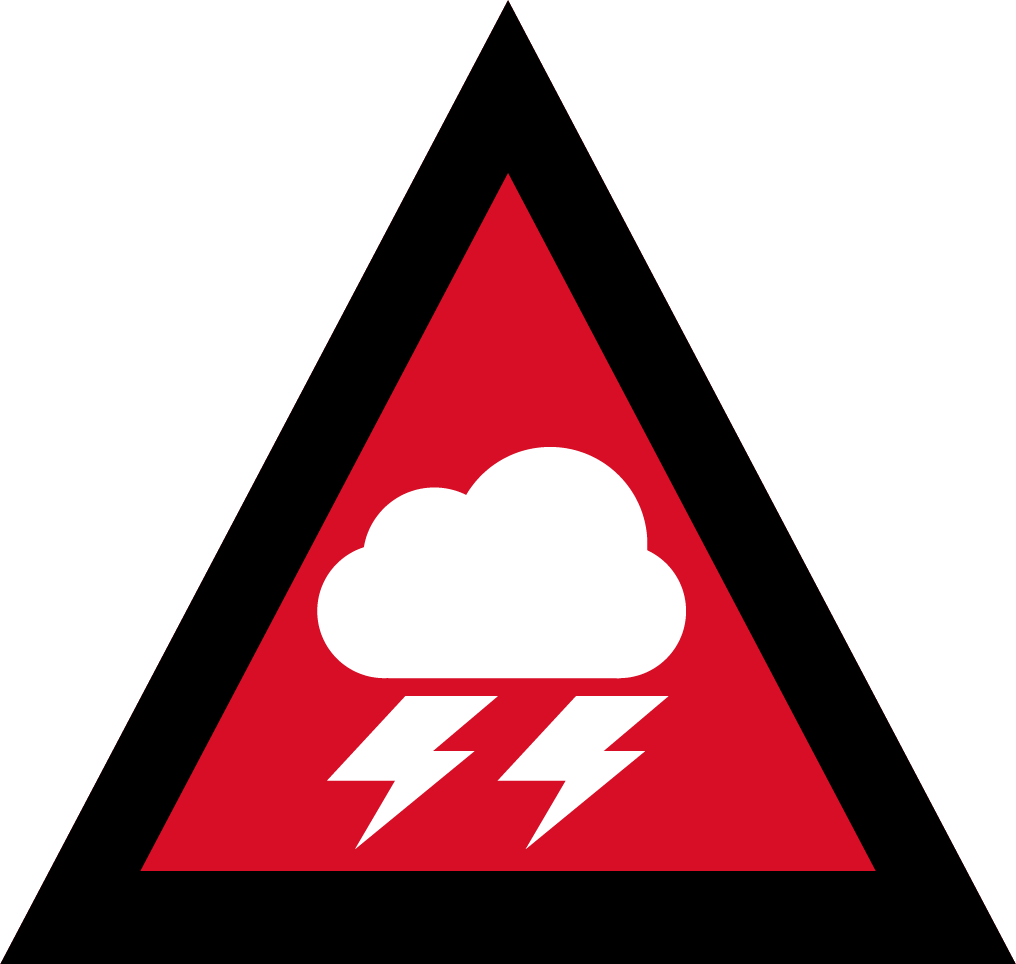 The image depicts an Australian Warning System Hazard Icon. The Icon is in the shape of an equilateral triangle depicting a black border and a red background to reflect the 'Emergency Warning' warning level, within the triangle, in white, is a cloud with two lighting bolts coming out of the bottom to depict the hazard of severe weather. 